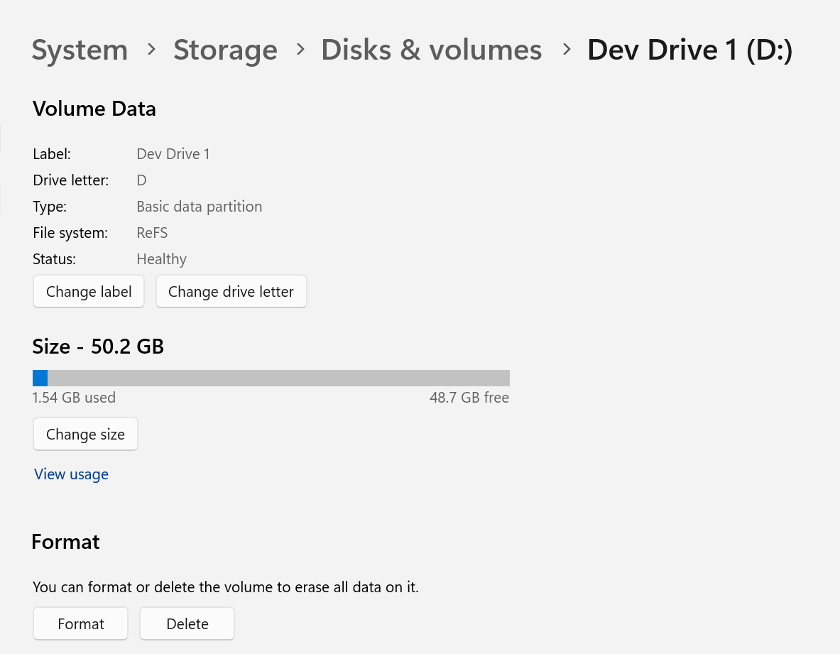 Eliminare un Dev Drive nelle Impostazioni di Windows