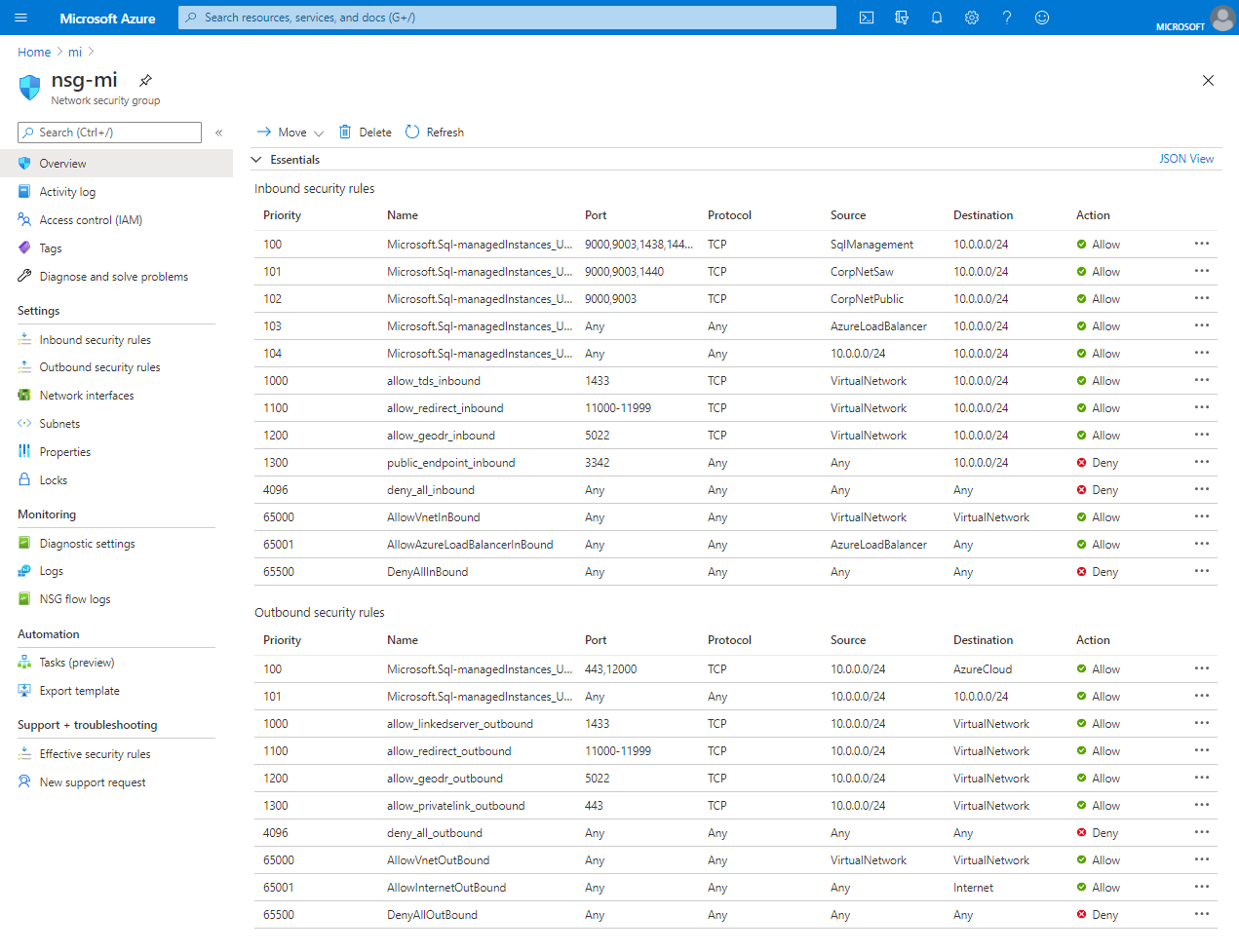 Azure portal のインスタンスに対するセキュリティ規則のスクリーンショット。