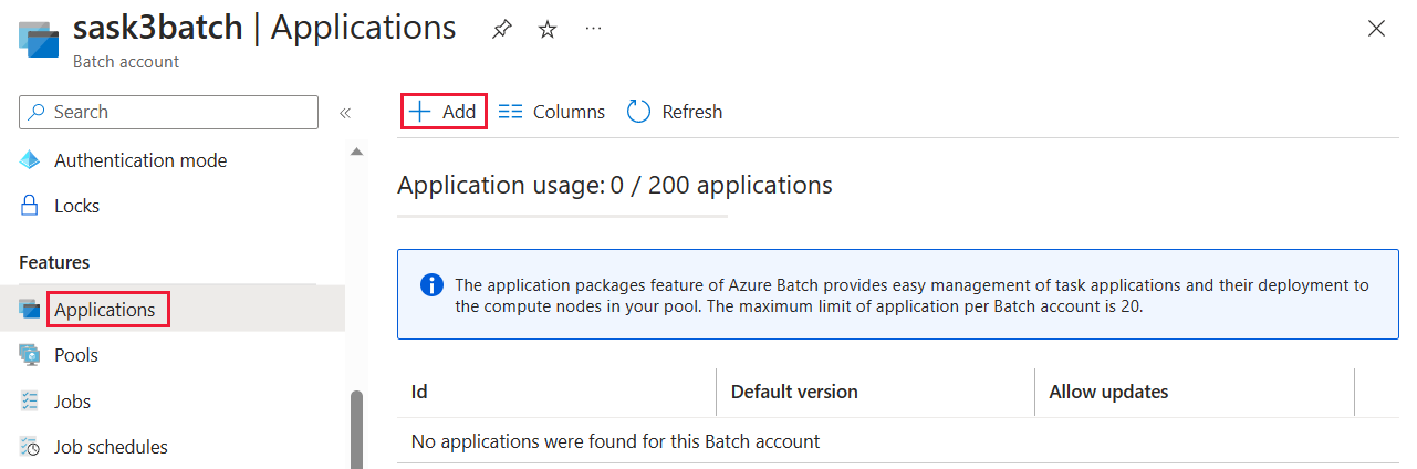 Batch アカウントのアプリケーション セクションのスクリーンショット。