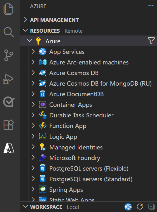 Azure Tools 拡張機能パックがインストールされた Visual Studio Code を示すスクリーンショット。