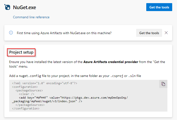 プロジェクトを設定し、Azure DevOps Services でフィードに接続する方法を示すスクリーンショット。