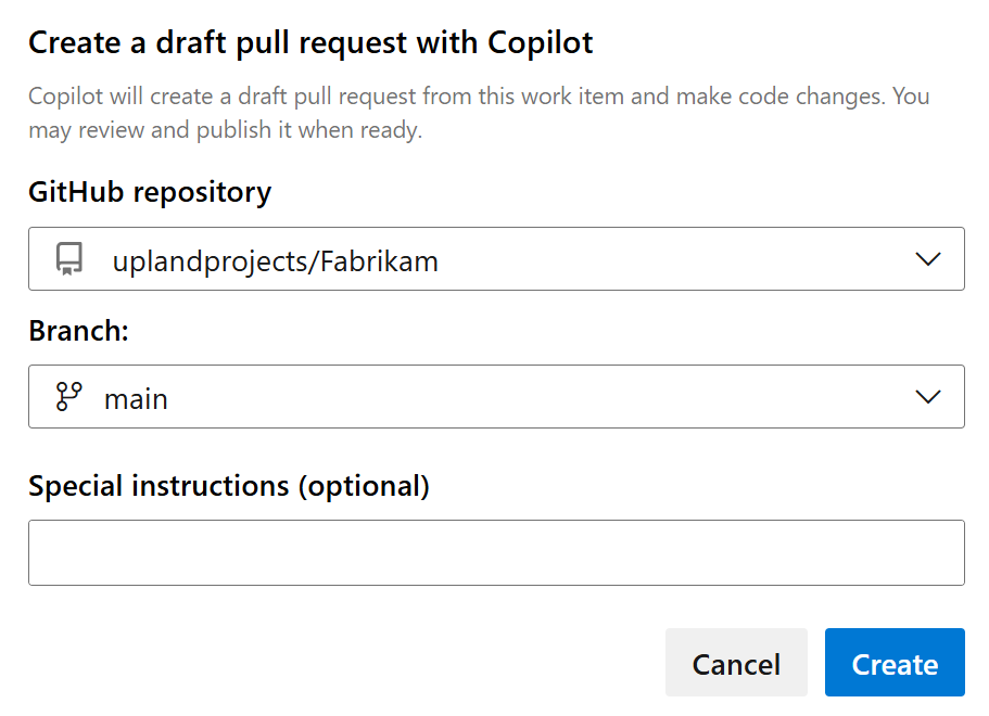 Copilot で下書きのプル リクエストを作成するためのリポジトリとブランチのメニュー ドロップダウンのスクリーンショット。