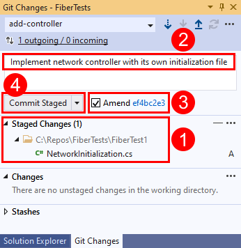 Visual Studio の [Git の変更] ウィンドウの [前のコミットの修正] オプションを示すスクリーンショット。