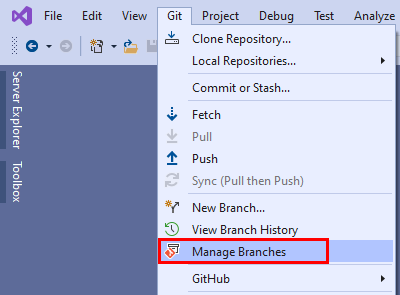 Visual Studio 2019 の Git メニューの [ブランチの管理] オプションのスクリーンショット。