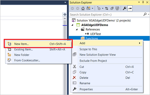 Azure Stream Analytics Edge ソリューションの Functions に新しい項目を追加する