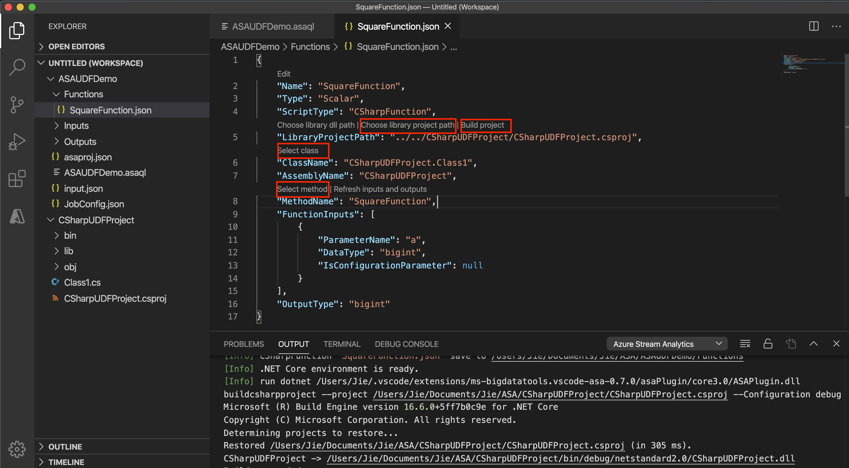 Stream Analytics C# 関数の構成 VS Code