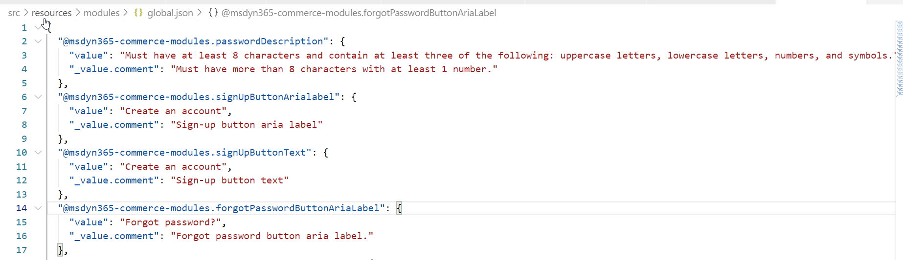 サインイン モジュールの global.json ファイル内の更新されたリンク テキストのスクリーンショット。