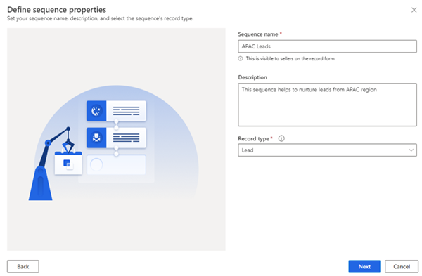 Dynamics 365 Sales のシーケンスの作成 ダイアログのスクリーンショット。