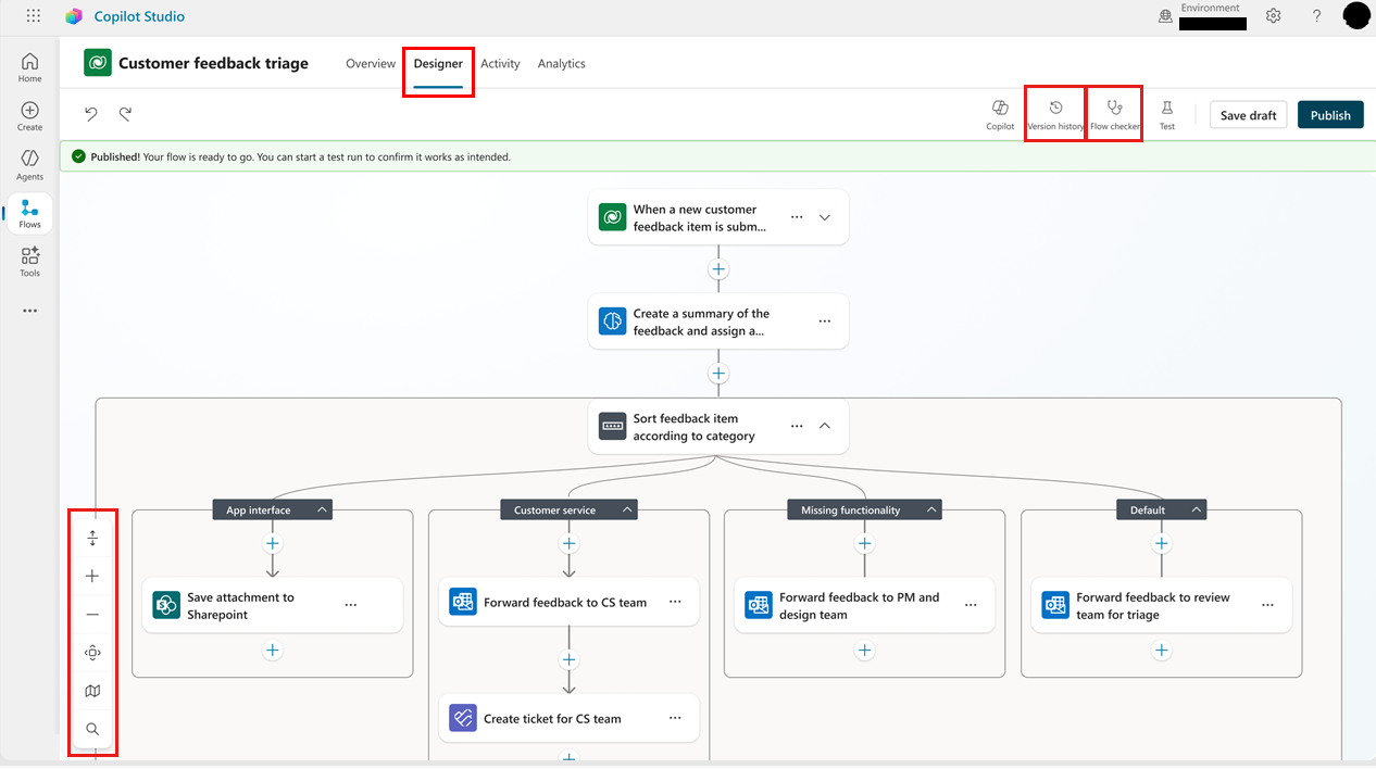 トリガーといくつかのアクションを含む発行済みエージェント フローを示すCopilot Studio デザイナーのスクリーンショット。[デザイナー] タブ、ビュー ツール バー、バージョン履歴、フロー チェッカー のアイコンが強調表示されています。