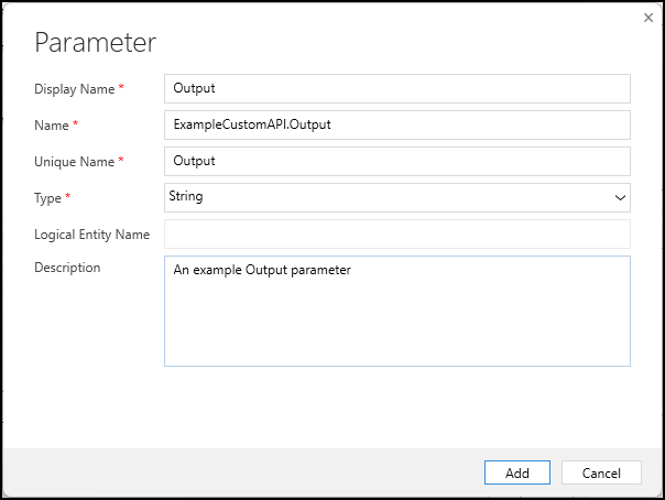 カスタム API 応答プロパティの作成フォーム