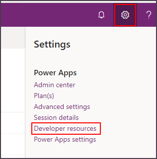 Power Apps の設定の [開発者向けリソース] メニューのスクリーンショット。