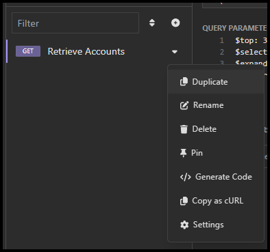 Insomnia のリクエスト用 [Duplicate] オプションが表示されたドロップダウンメニューのスクリーンショット。