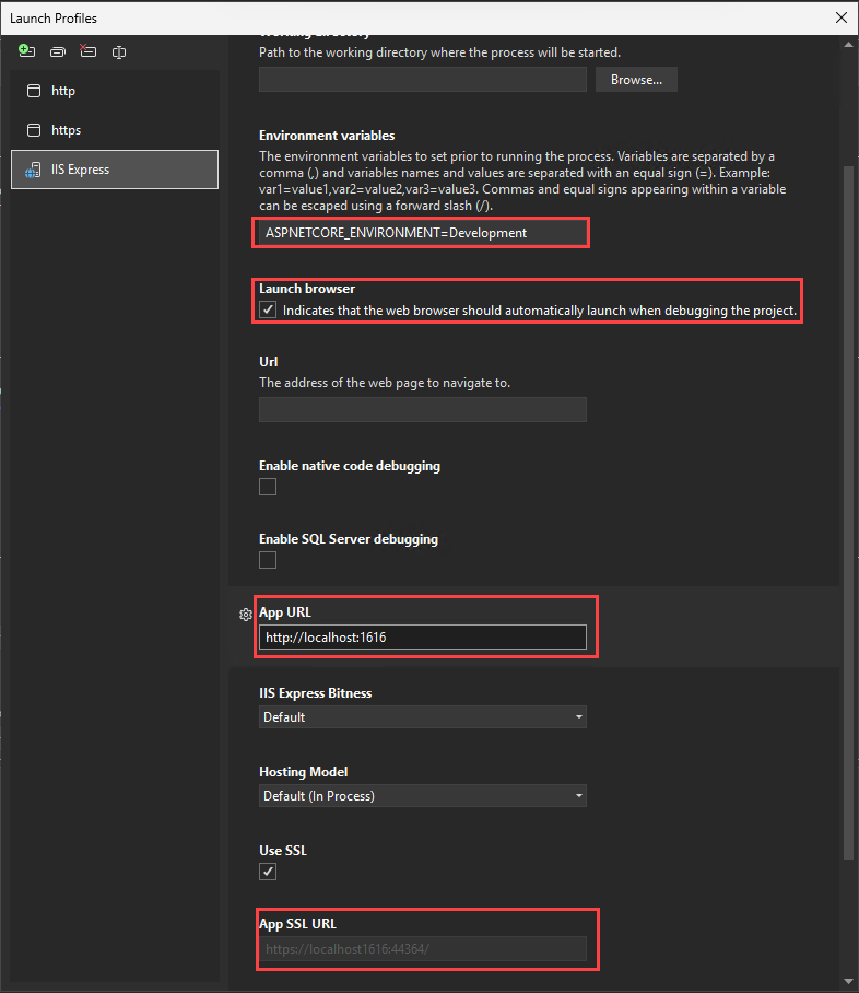 ASP.NET Core デバッガーの設定を示すスクリーンショット。