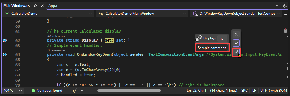 Visual Studio のデータ ヒントにコメントを入力する方法を示すスクリーンショット。