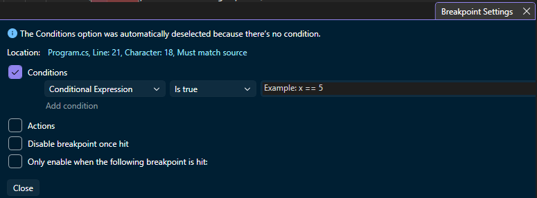 Visual Studio で条件付きブレークポイントを設定する方法を示すスクリーンショット。