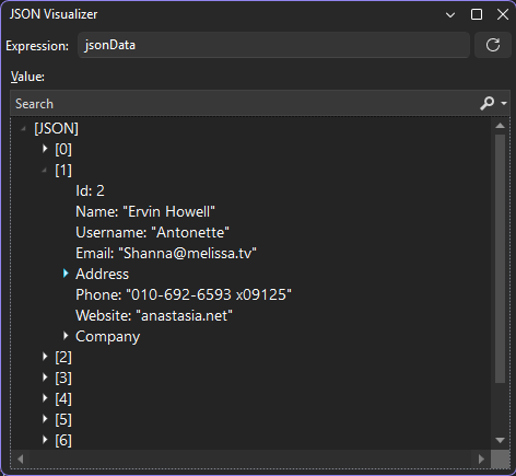 JSON 文字列ビジュアライザーを示すスクリーンショット。