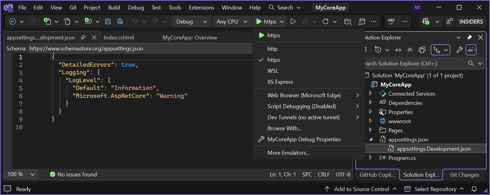 スクリーンショットは、Visual Studio のツール バーで強調表示されている https ボタンを示しています。