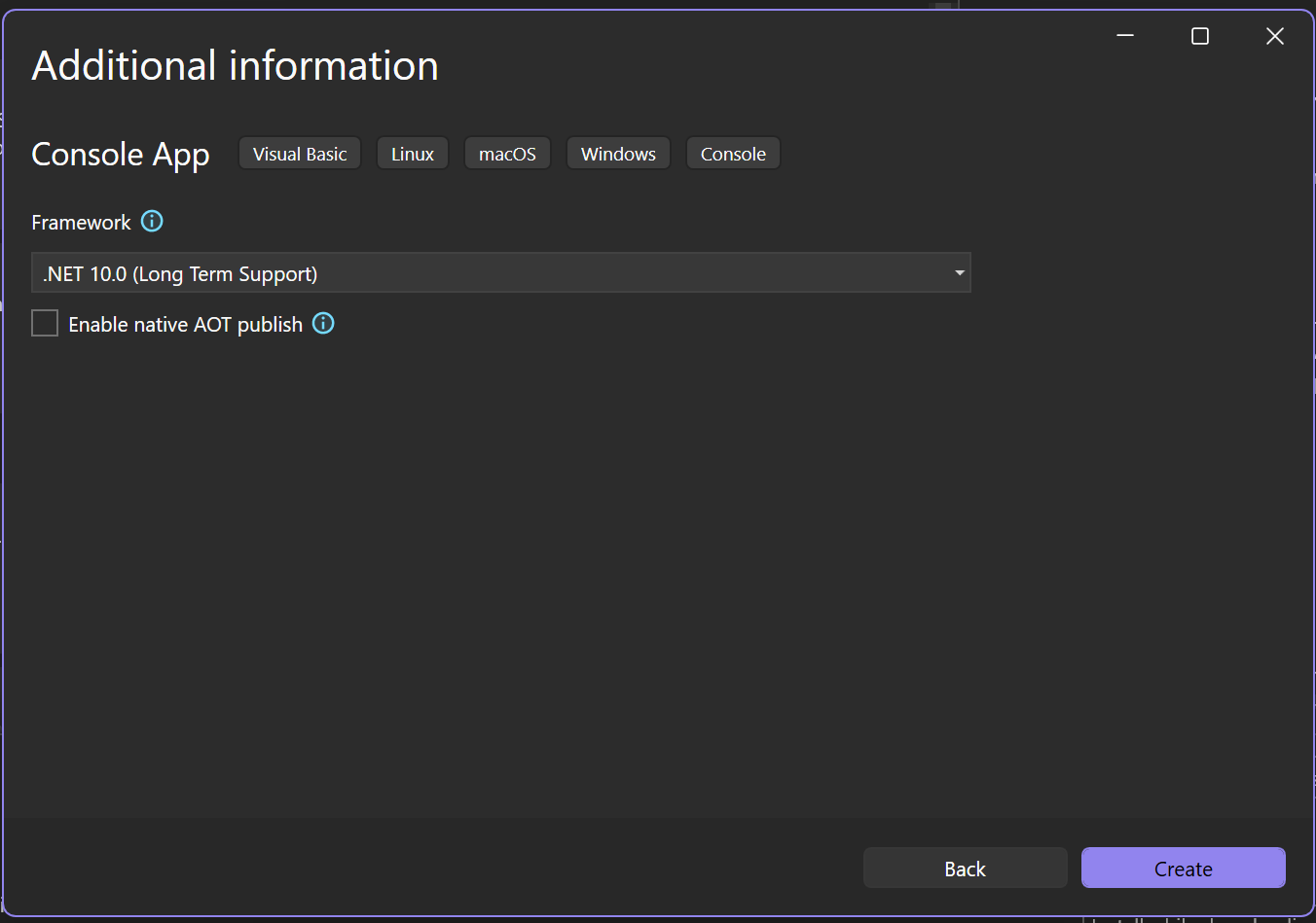 Visual Studio の [追加情報] ウィンドウを示すスクリーンショット。.NET 10.0 が新しいプロジェクトのターゲット フレームワークとして選択されています。