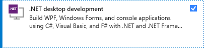 Visual Studio インストーラーの .NET デスクトップ開発ワークロードを示すスクリーンショット。