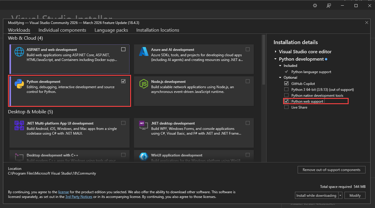 Python 開発ワークロードと Python Web サポートが選択されている Visual Studio インストーラーのスクリーンショット。