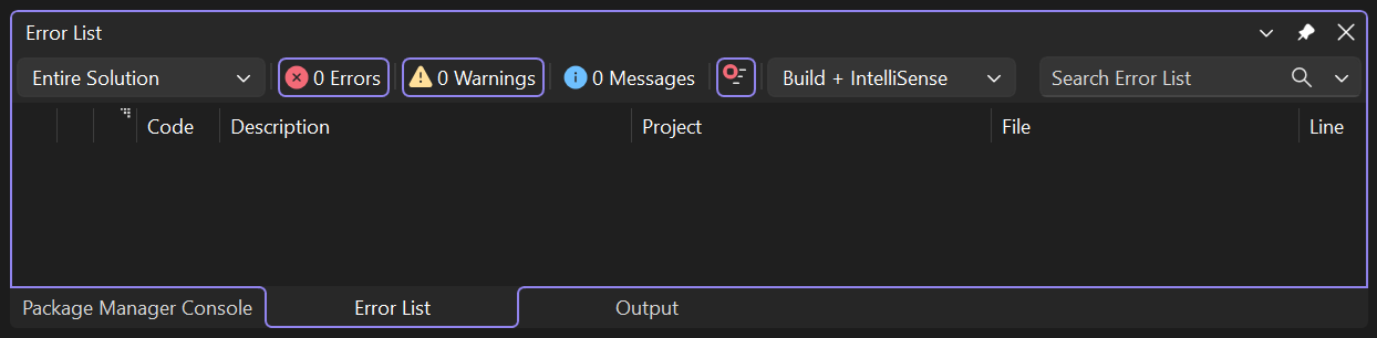 Visual Studio のエラー一覧のスクリーンショット。