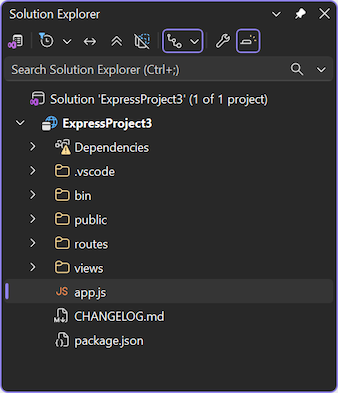 Visual Studio のソリューション エクスプローラーで開かれている新しいプロジェクトのスクリーンショット。