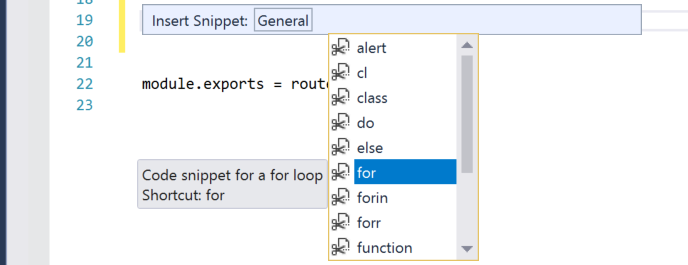Visual Studio での for ループのコード スニペット