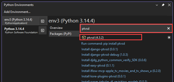 Python環境ウィンドウで ptvsd バージョンを確認する方法を示すスクリーンショット。