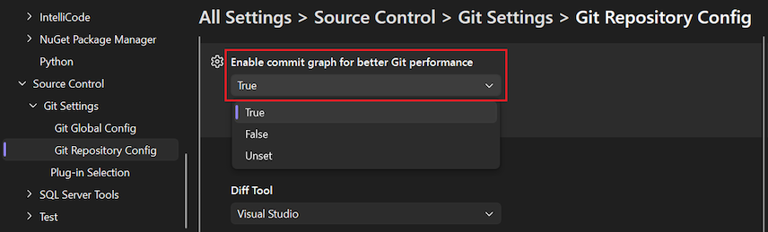 ローカル リポジトリの [Git パフォーマンスを向上させるためにコミット グラフを有効にする] オプションを示すスクリーンショット。