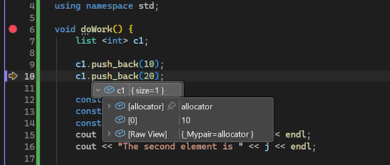 Captura de tela que mostra como exibir Dicas de Dados para variáveis no código no depurador do Visual Studio.