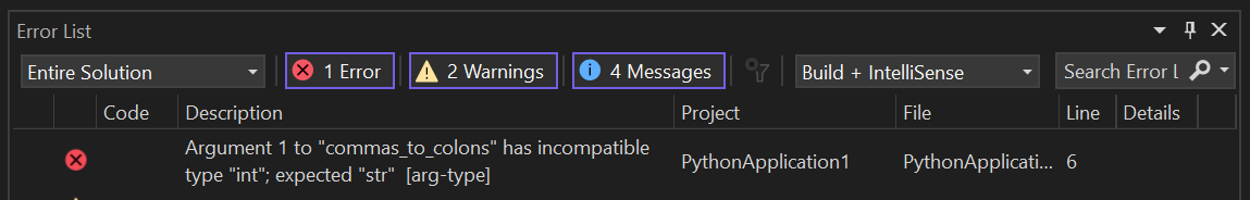 Captura de tela que mostra o resultado do exemplo de Mypy validando dicas de tipo.