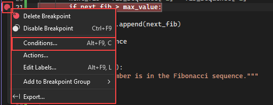 Screenshot que mostra como selecionar a opção para configurar condições para um ponto de interrupção em Visual Studio.