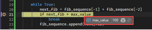 Captura de tela que mostra o valor de DataTips para uma variável no depurador do Visual Studio.