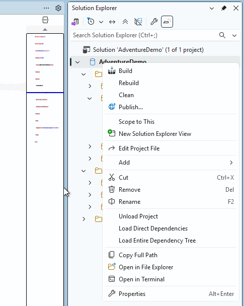 Captura de ecrã do Explorador de Soluções no SQL Server Management Studio com a opção Build disponível.