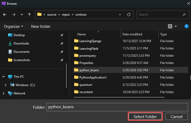 Captura de ecrã que mostra como selecionar a pasta local em Visual Studio.