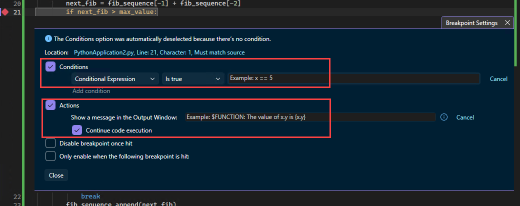 Captura de tela que mostra como criar ações de ponto de rastreamento para um ponto de interrupção no Visual Studio.