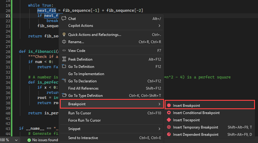 Captura de tela que mostra como os pontos de interrupção são exibidos na margem esquerda do arquivo de código no Visual Studio.