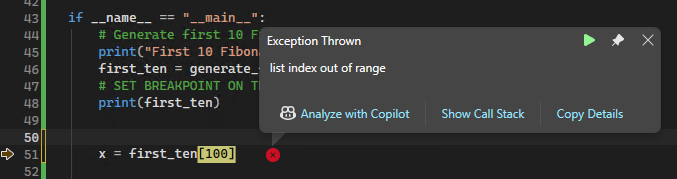 Captura de ecrã que mostra uma janela de exceção para um erro não tratado no depurador do Visual Studio.