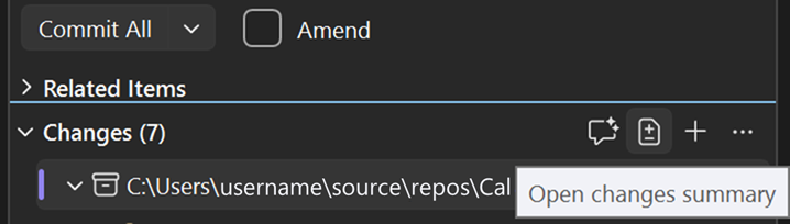 Captura de ecrã que mostra o resumo das alterações abertas na barra de ferramentas Git Changes.