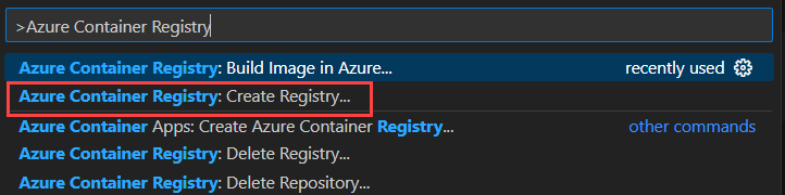 显示如何在 Visual Studio Code 中搜索创建新 Azure 容器注册表实例的任务的屏幕截图。