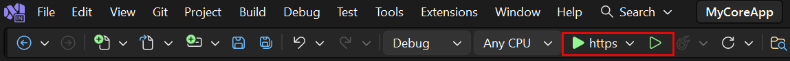 屏幕截图显示 Visual Studio 工具栏中突出显示的 https 按钮。